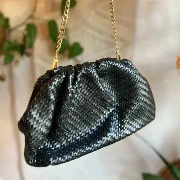 Anthropologie Frankie Metallic Black Evening Clutch Bag with Chain Strap - Picture 2 of 11